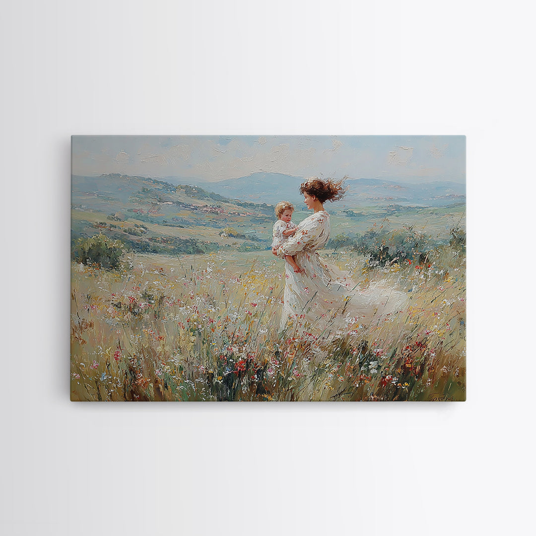 Standing Mother With Baby In Wildflower Valley Canvas Print, Impressionist Floral Landscape, Nursery Decor, Gift For Mom