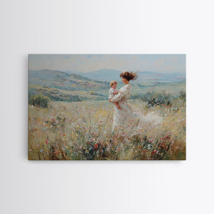 Standing Mother With Baby In Wildflower Valley Canvas Print, Impressionist Floral Landscape, Nursery Decor, Gift For Mom