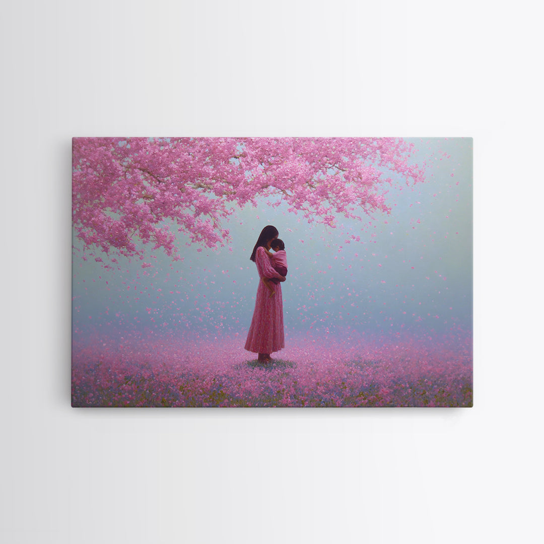 Mother And Child Under Pink Blossoms Wall Art, Cherry Blossom Painting, Feminine Nursery Decor, Romantic Gift For Her, Pink Wall Art