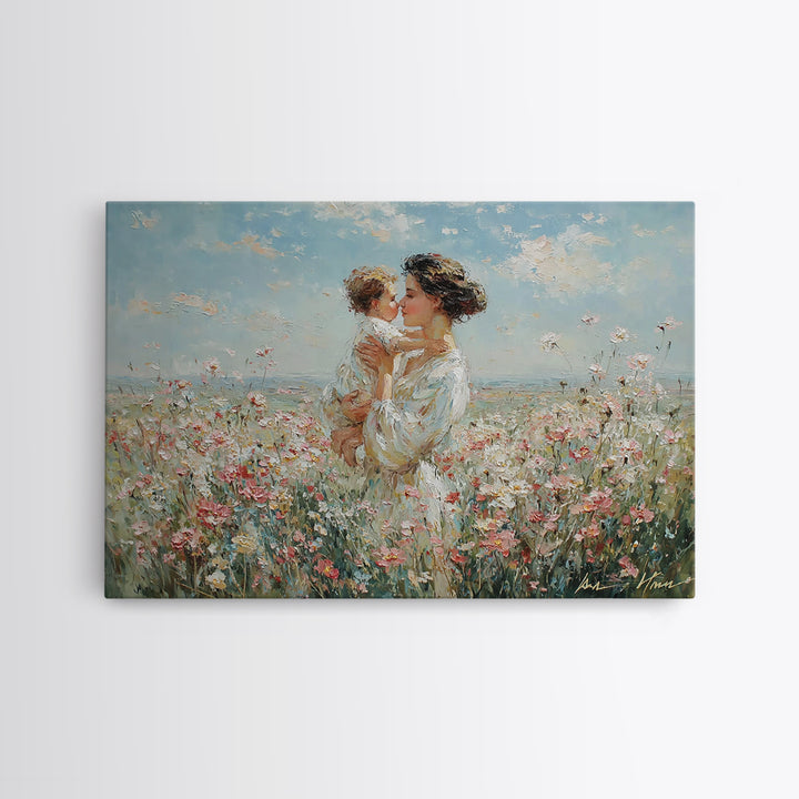 Mother Kissing Baby In Wildflower Field Canvas Print, Impressionist Floral Painting, Nursery Wall Art, Gift For Mom, Living Room Decor