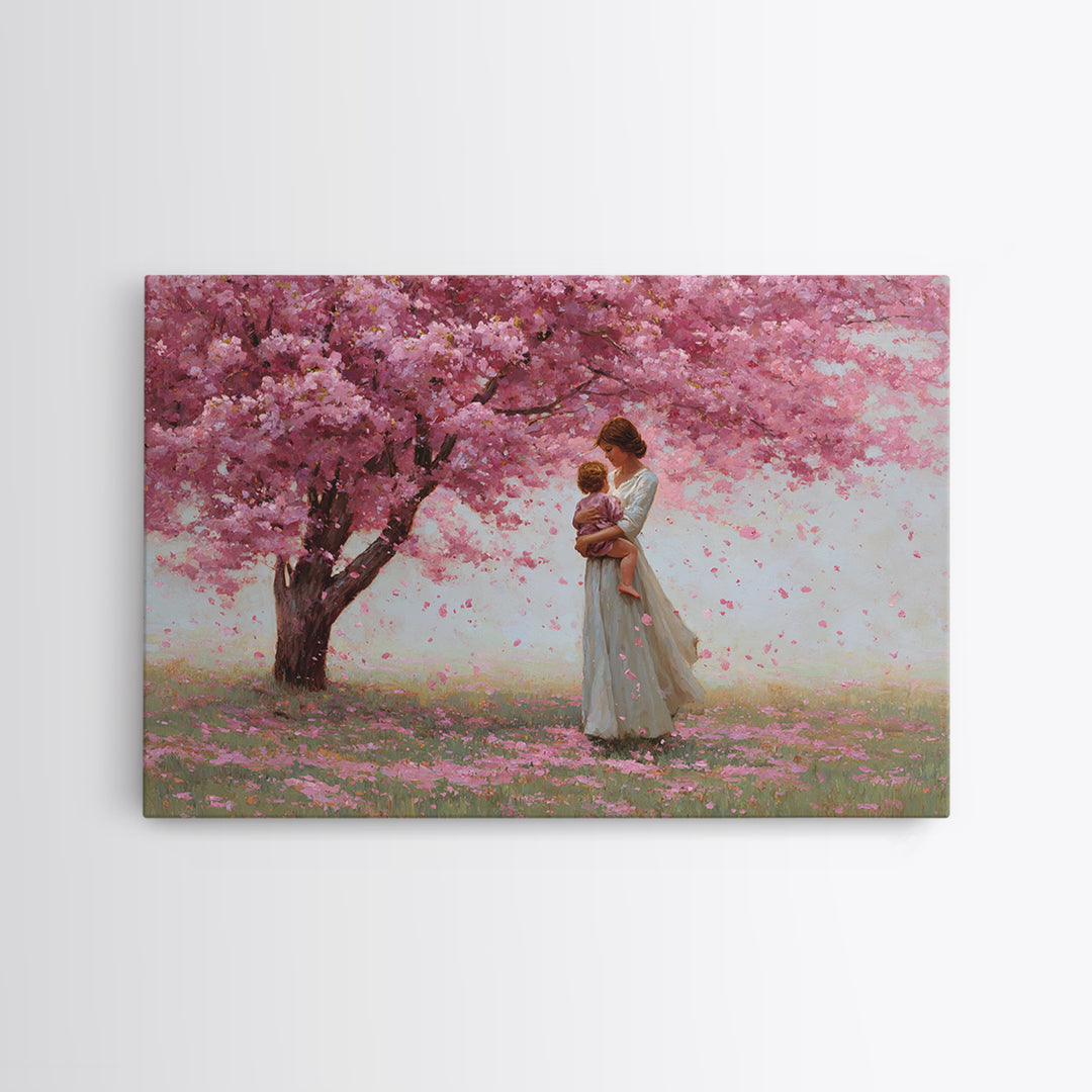 Mother And Child Under Cherry Blossom Tree Framed Canvas Print, Pink Floral Landscape, Romantic Nursery Decor, Gift For Her