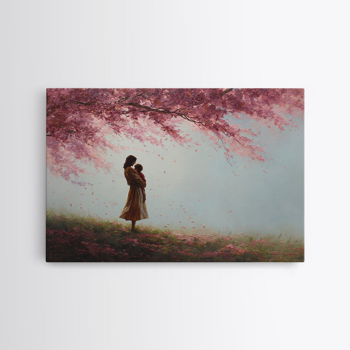 Mother And Child Under Pink Blossoms Wall Art, Soft Spring Meadow Canvas, Feminine Nursery Decor, Gift For Mom, Living Room Decor
