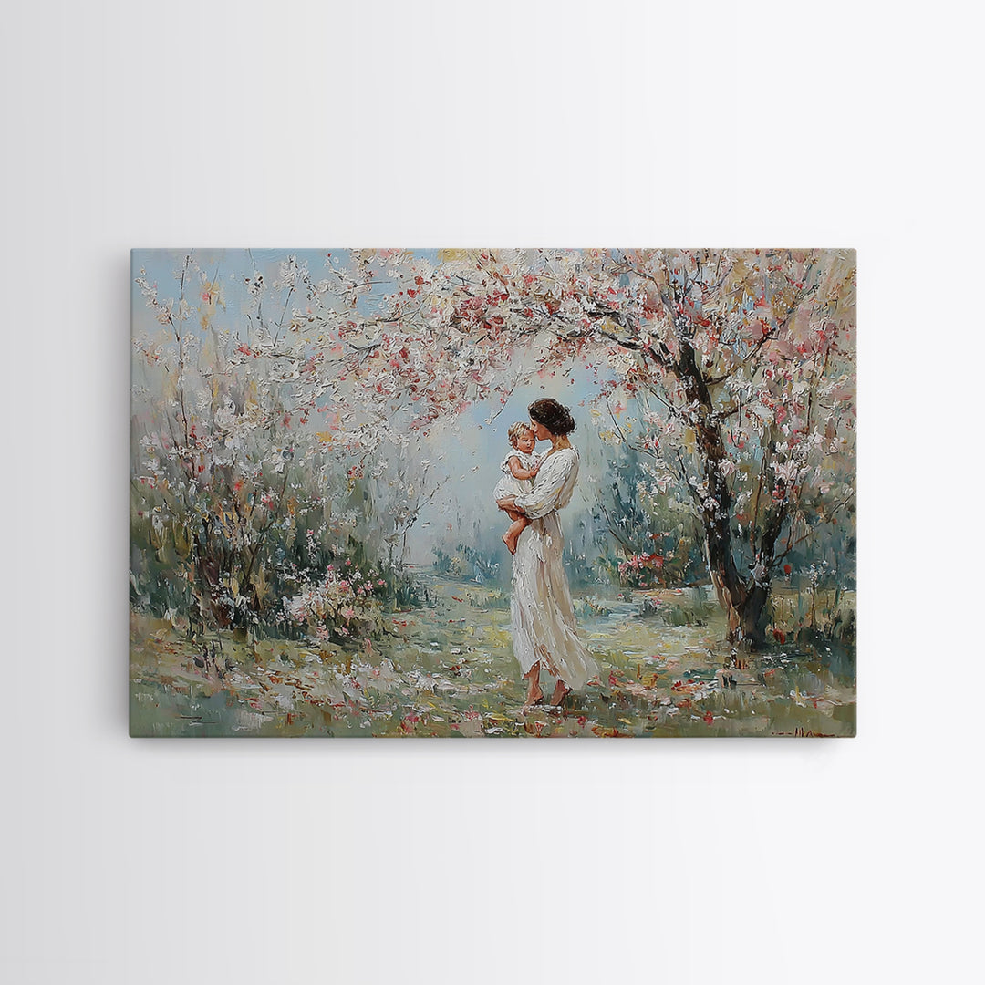 Mother Holding Baby In Blooming Garden Canvas Print, Impressionist Floral Wall Art, Nursery Decor, Housewarming Gift, Home Decor