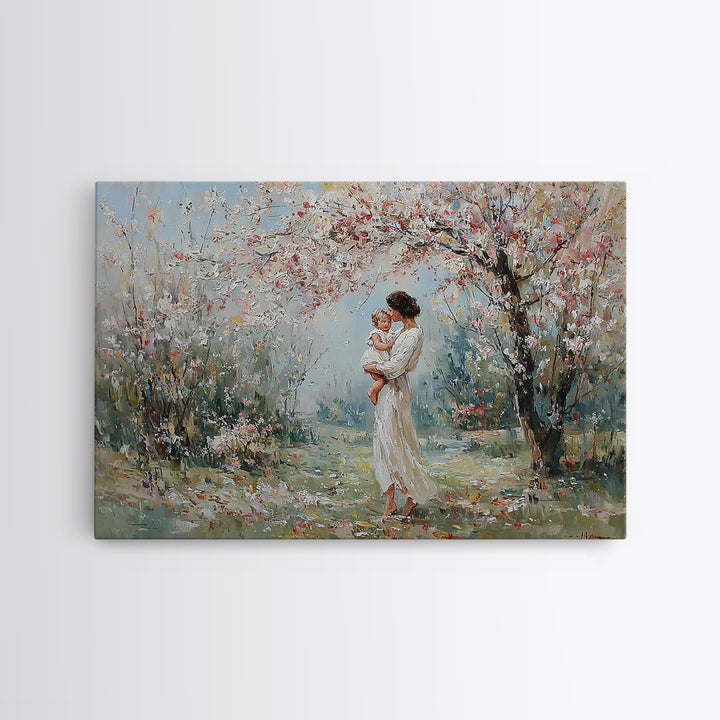 Mother Holding Baby In Blooming Garden Canvas Print, Impressionist Floral Wall Art, Nursery Decor, Housewarming Gift, Home Decor