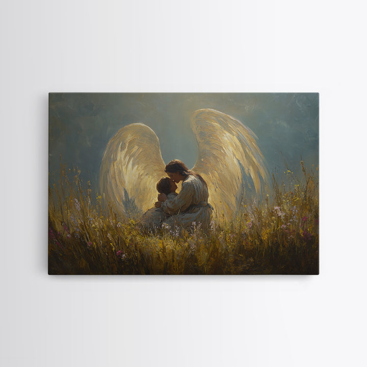 Golden Winged Angel And Child Meadow Framed Canvas Print, Spiritual Wall Art, Christian Nursery Decor, Gift For Her, Living Room Decor
