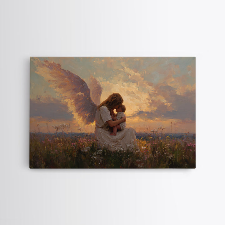 Sunset Angel Mother Cradling Baby Canvas Print, Guardian Angel Wall Art, Spiritual Nursery Decor, Christian Gift For Her