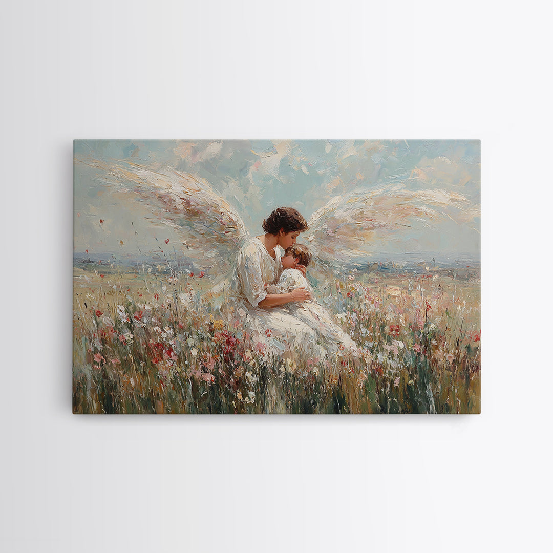 Guardian Angel Holding Baby In Wildflower Field Framed Canvas Print, Christian Wall Art, Nursery Decor, Spiritual Gift Idea