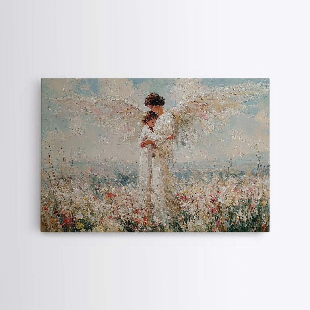 Angel Embracing Child In White Wildflowers Wall Art, Christian Canvas Print, Spiritual Nursery Decor, Gift For Mom, Home Decor