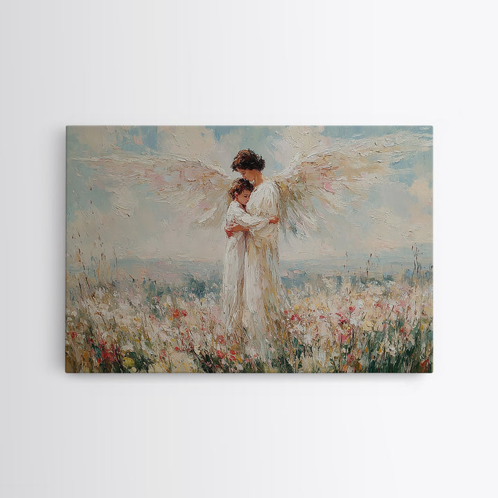 Angel Embracing Child In White Wildflowers Wall Art, Christian Canvas Print, Spiritual Nursery Decor, Gift For Mom, Home Decor