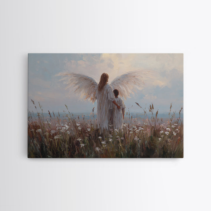 Angel And Child Facing Soft Horizon Canvas Print, Peaceful Meadow Wall Art, Christian Home Decor, Nursery Decor, Living Room Decor