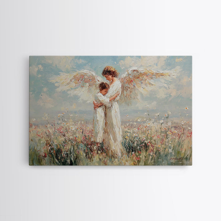 Angel Holding Child In Daisy Meadow Framed Canvas Print, Christian Wall Art, Spiritual Nursery Decor, Gift For Her, Home Decor