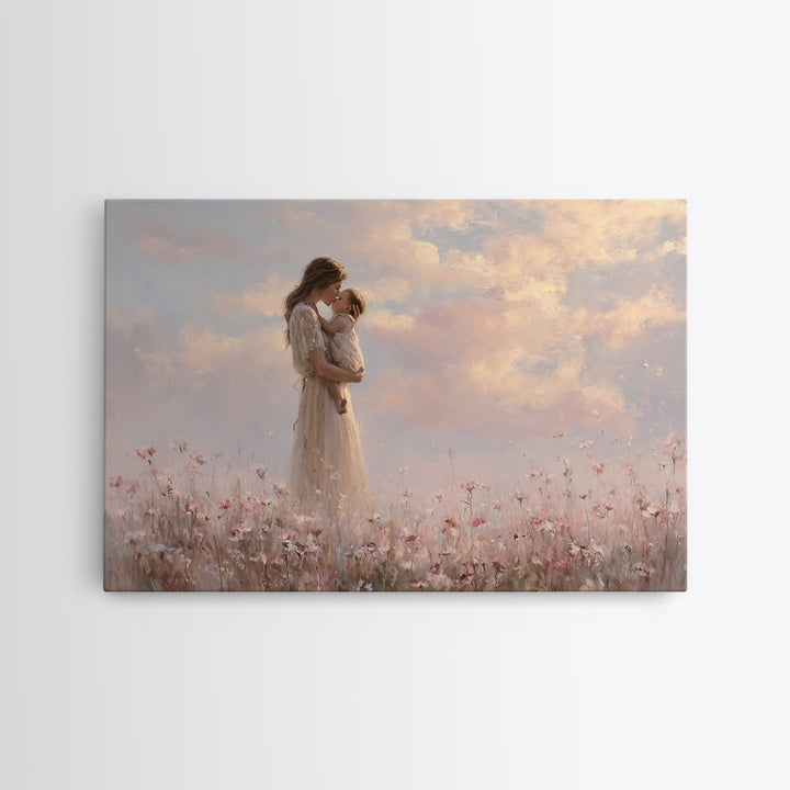 Mother Kissing Baby In Pastel Flower Meadow Wall Art, Soft Feminine Canvas Print, Nursery Decor, Gift For Mom, Bedroom Decor
