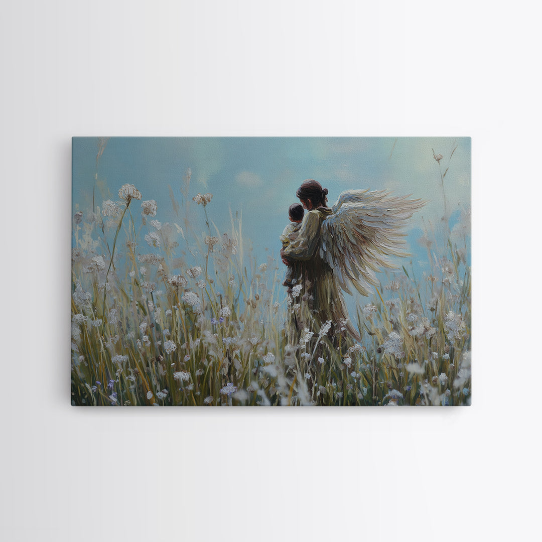 Guardian Angel Carrying Baby Through Dandelions Canvas Print, Spiritual Wall Art, Christian Nursery Decor, Gift For Mom, Home Decor