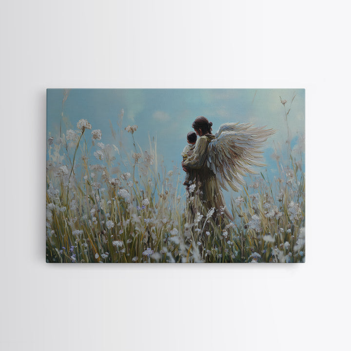 Guardian Angel Carrying Baby Through Dandelions Canvas Print, Spiritual Wall Art, Christian Nursery Decor, Gift For Mom, Home Decor