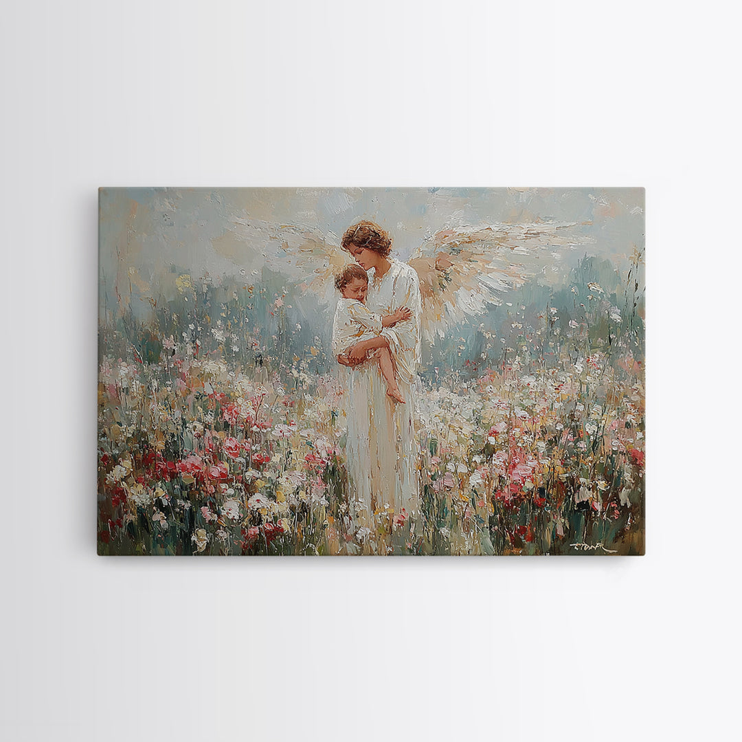Angel Mother Holding Child In Wildflower Meadow Wall Art, Spiritual Nursery Decor, Floral Fine Art Print, Gift For Mom, Home Decor