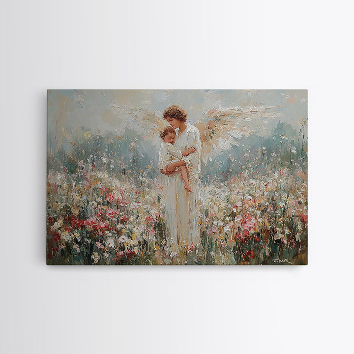 Angel Mother Holding Child In Wildflower Meadow Wall Art, Spiritual Nursery Decor, Floral Fine Art Print, Gift For Mom, Home Decor