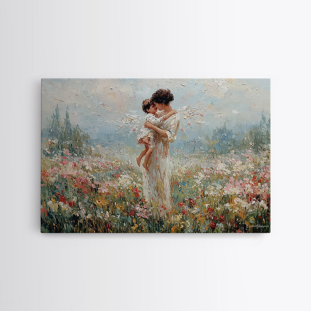 Mother And Baby Embrace In Flower Field Framed Canvas Print, Angelic Nursery Wall Art, Spiritual Gift For Mom, Home Decor