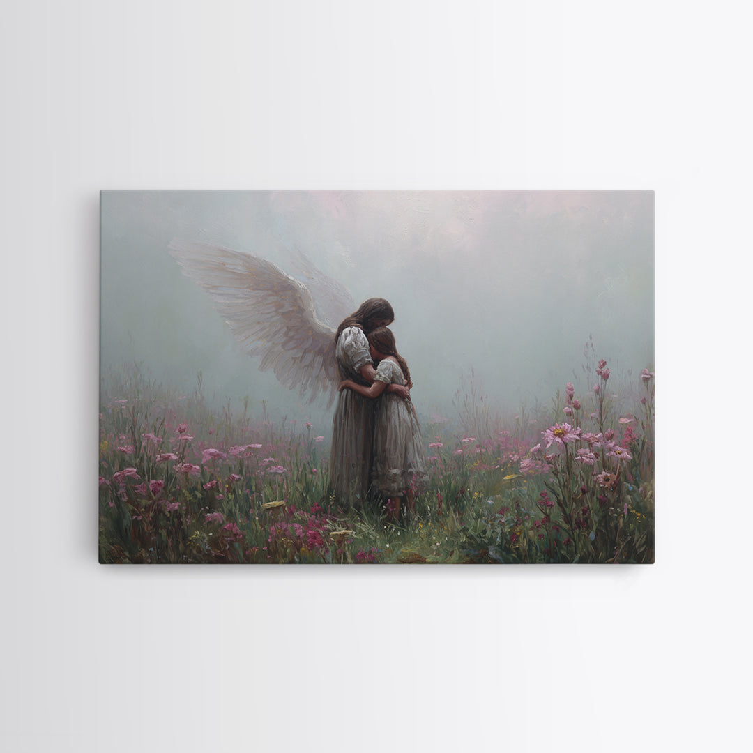 Guardian Angel Hugging Child In Misty Wildflowers Wall Art, Spiritual Nursery Decor, Moody Floral Fine Art Print For Mom