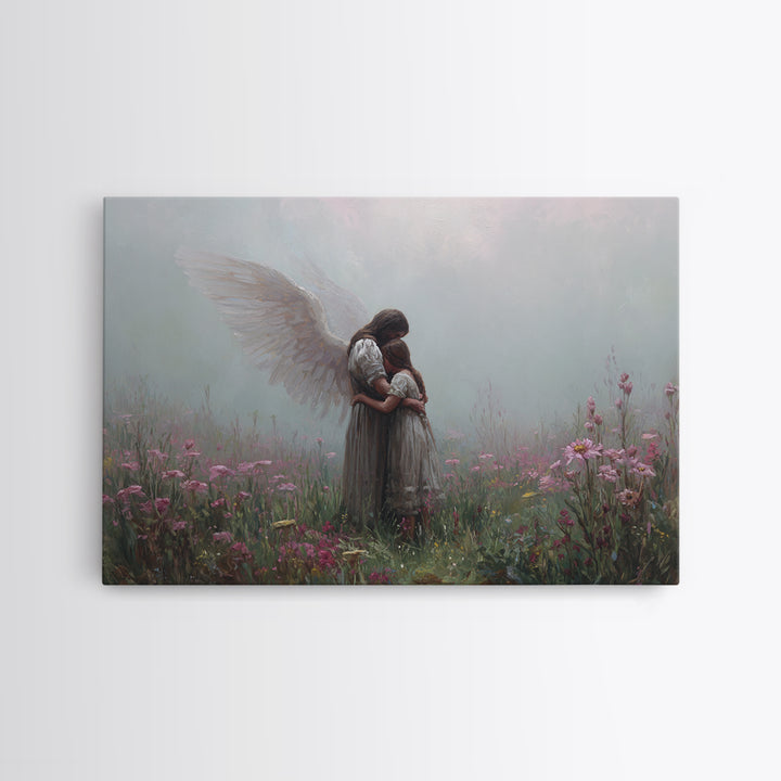 Guardian Angel Hugging Child In Misty Wildflowers Wall Art, Spiritual Nursery Decor, Moody Floral Fine Art Print For Mom