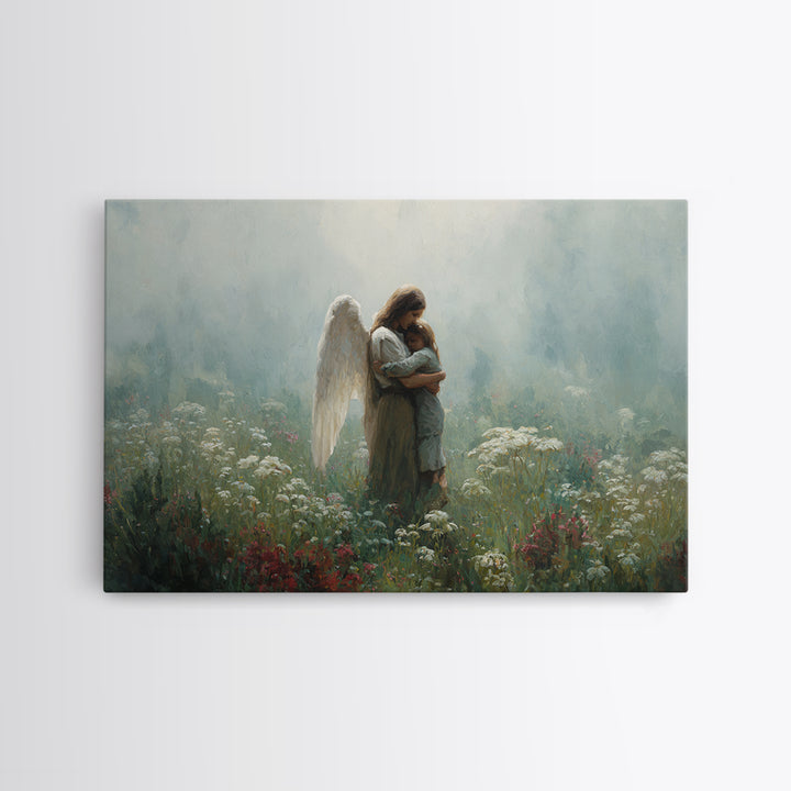 Angel Mother Cradling Child In Soft Meadow Canvas Print, Spiritual Wall Art, Calming Floral Nursery Decor, Gift For Mom, Home Decor