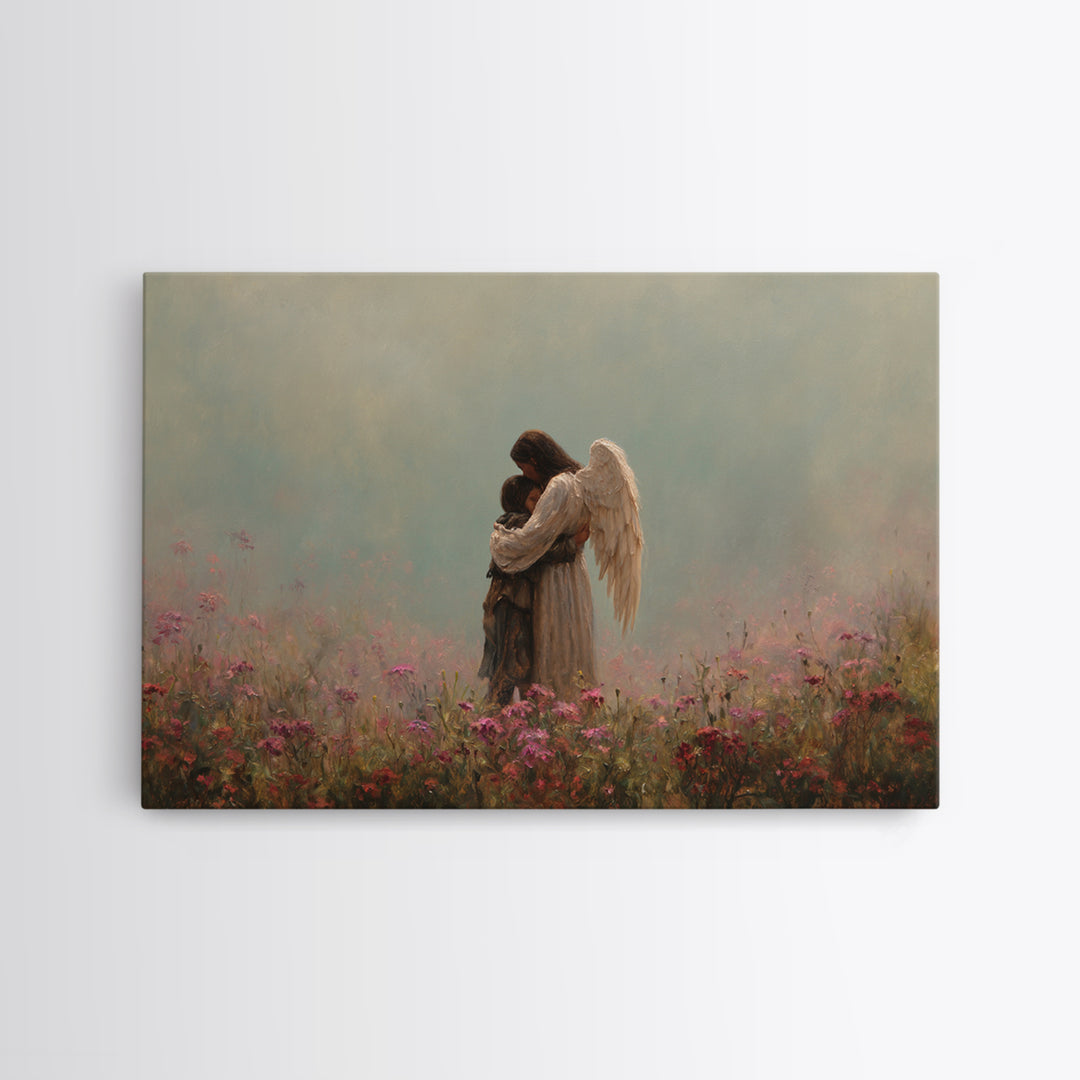 Winged Mother And Child Embracing In Pink Meadow Wall Art, Spiritual Nursery Decor, Moody Floral Painting, Gift For Her, Home Decor