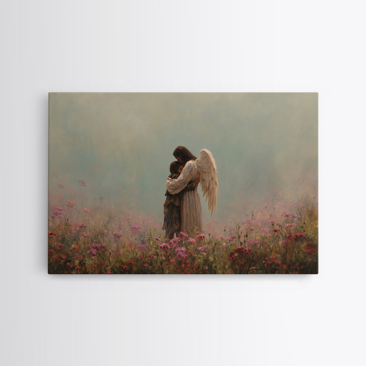 Winged Mother And Child Embracing In Pink Meadow Wall Art, Spiritual Nursery Decor, Moody Floral Painting, Gift For Her, Home Decor