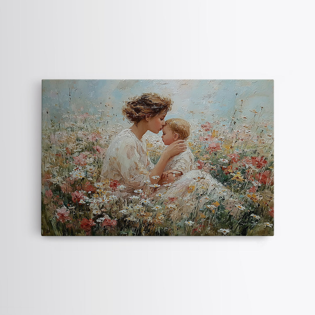 Tender Mother Kissing Baby Among White Daisies Framed Canvas Print, Floral Nursery Wall Art, Spiritual Gift For Mom, Home Decor