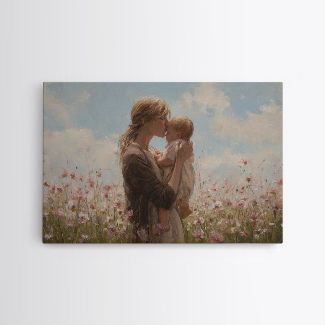 Blonde Mother Kissing Baby In Pink Flower Field Framed Canvas Print, Soft Nursery Wall Art, Mothers Day Gift, Home Decor