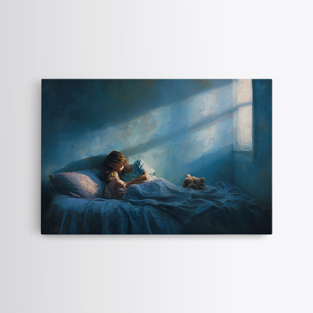 Moonlit Child Reading In Blue Bedroom Wall Art, Impressionist Oil Painting Print, Nursery Decor, Cozy Bedroom Art, Gift For Mom