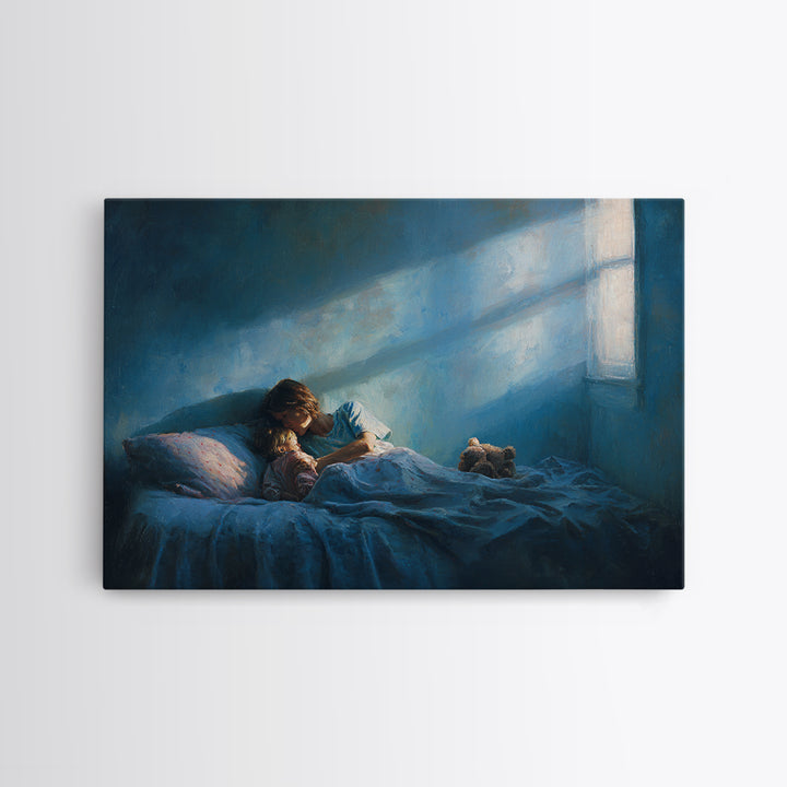 Moonlit Child Reading In Blue Bedroom Wall Art, Impressionist Oil Painting Print, Nursery Decor, Cozy Bedroom Art, Gift For Mom