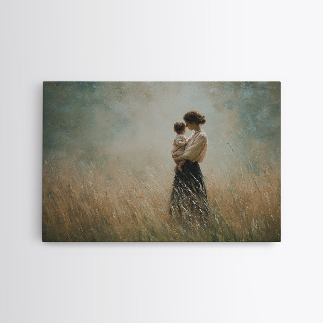 Mother And Child In Golden Grass Framed Canvas Print, Moody Impressionist Painting, Neutral Wall Art, Farmhouse Decor, Housewarming Gift