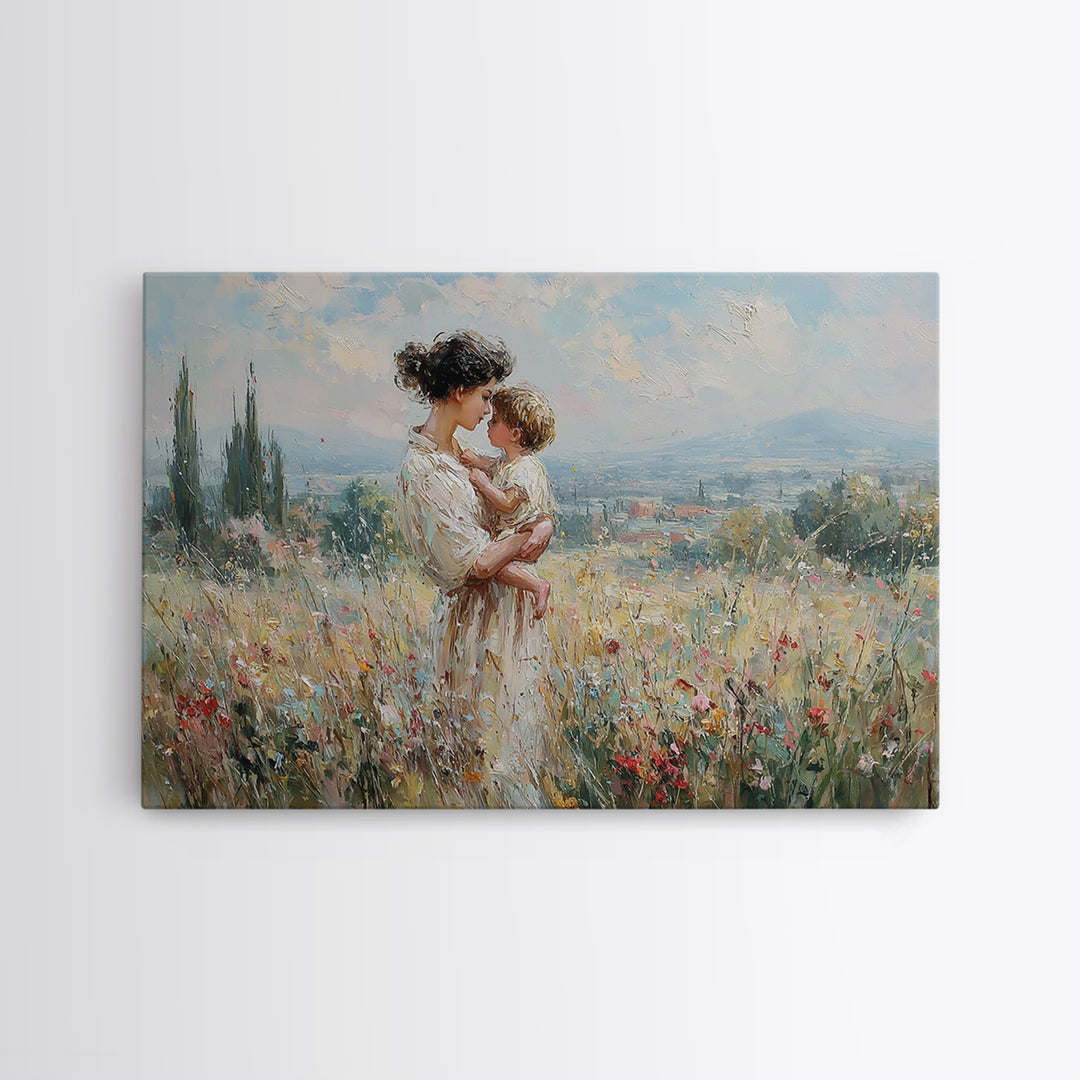 Mother And Child In Wildflower Hills Wall Art, Impressionist Oil Painting Print, Floral Wall Decor, Living Room Art, Gift For Mom