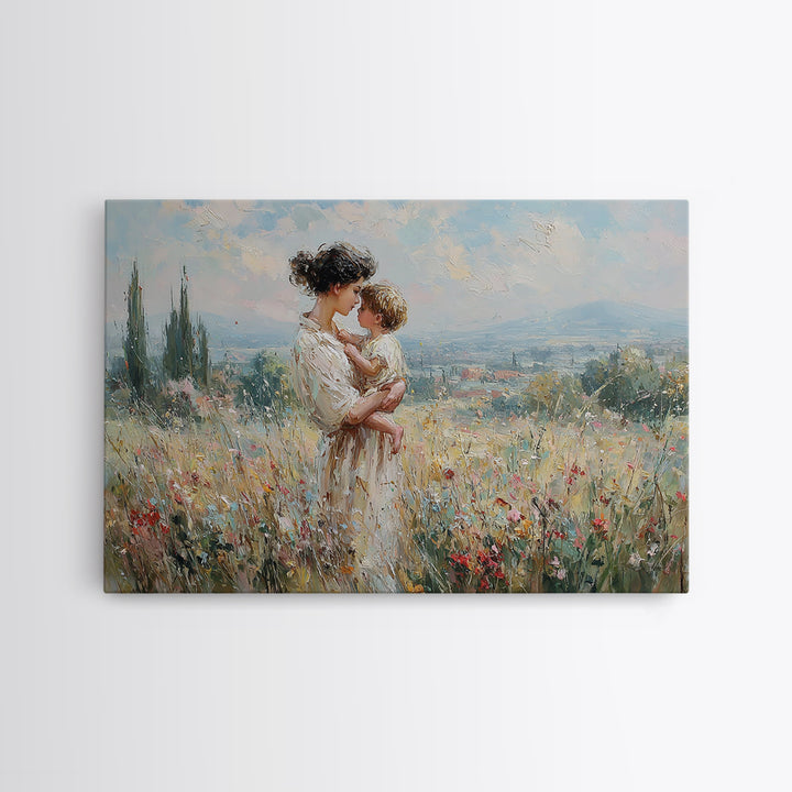 Mother And Child In Wildflower Hills Wall Art, Impressionist Oil Painting Print, Floral Wall Decor, Living Room Art, Gift For Mom