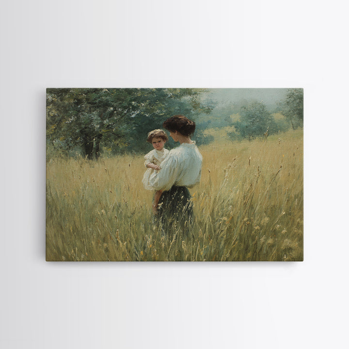 Mother Holding Child In Summer Field Framed Canvas Print, Impressionist Oil Painting, Rustic Wall Art, Farmhouse Home Decor