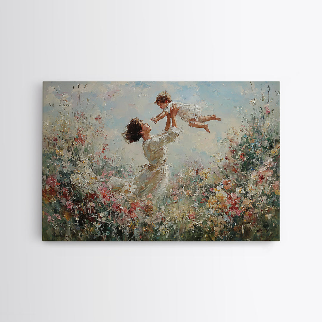 Mother Lifting Baby In Blooming Garden Wall Art, Joyful Impressionist Oil Painting Print, Floral Nursery Decor, Gift For Mom