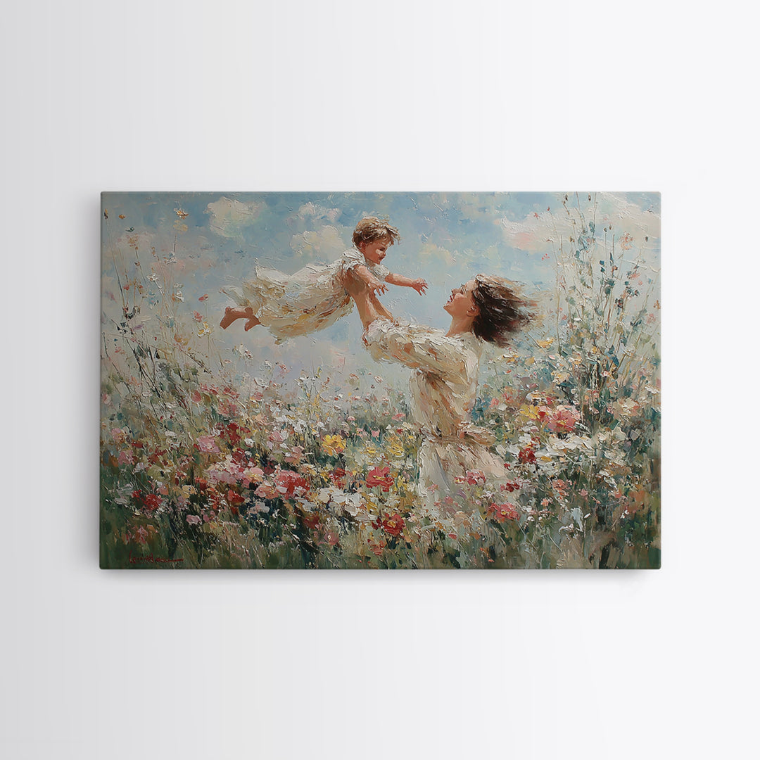 Mother Lifting Child Above Wildflowers Wall Art, Impressionist Oil Painting Print, Floral Nursery Decor, Living Room Decor, Gift For Mom