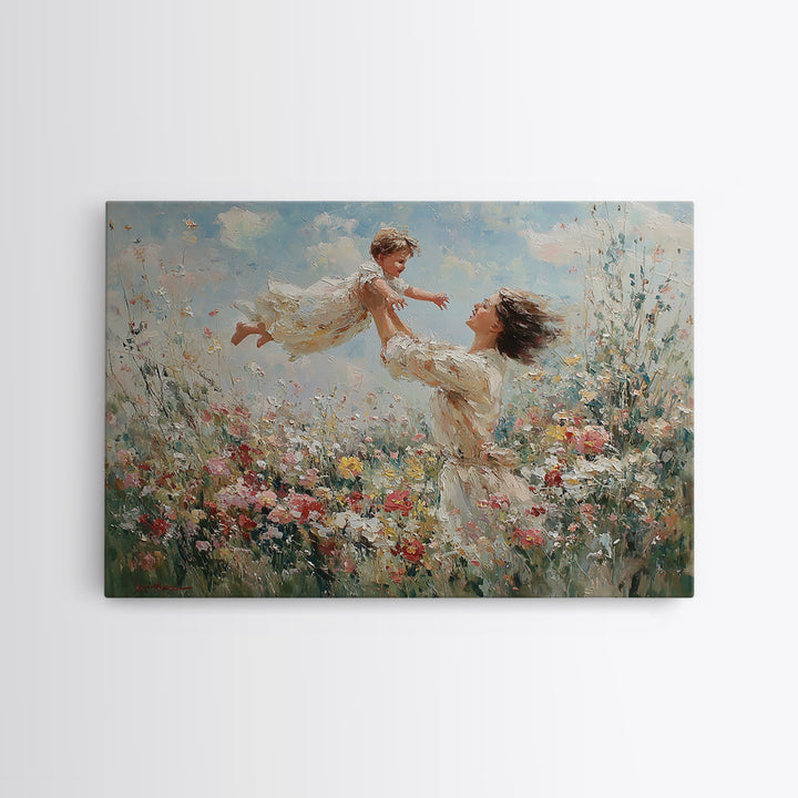 Mother Lifting Child Above Wildflowers Wall Art, Impressionist Oil Painting Print, Floral Nursery Decor, Living Room Decor, Gift For Mom