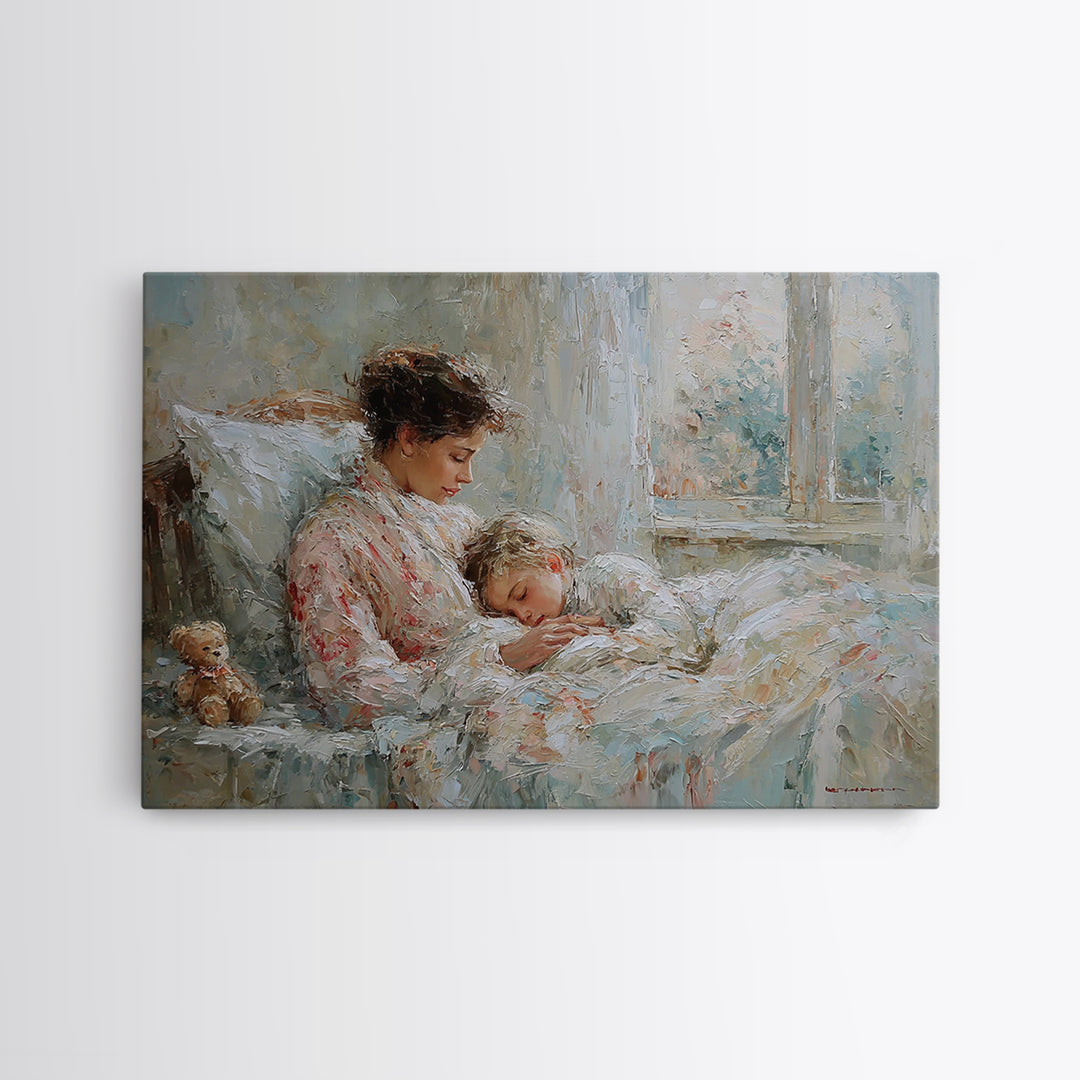 Mother And Child Bedtime Cuddle By Window Framed Canvas Print, Cozy Bedroom Wall Art, Nursery Wall Art, Gift For Mom, Home Decor