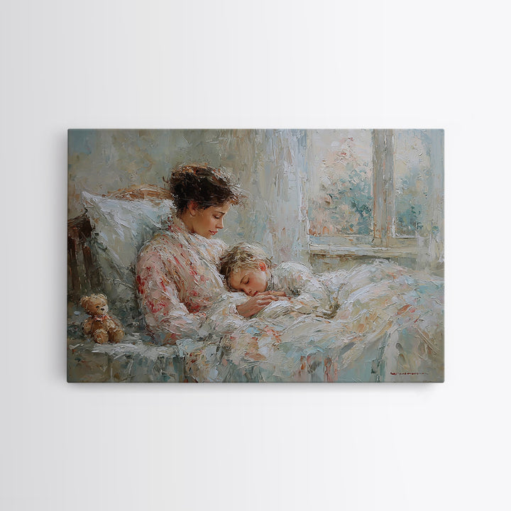 Mother And Child Bedtime Cuddle By Window Framed Canvas Print, Cozy Bedroom Wall Art, Nursery Wall Art, Gift For Mom, Home Decor