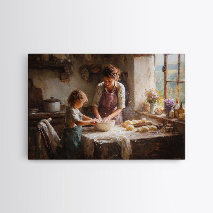 Mother And Child Mixing Dough In Warm Kitchen Framed Canvas Print, Farmhouse Kitchen Wall Art, Rustic Home Decor, Gift For Mom