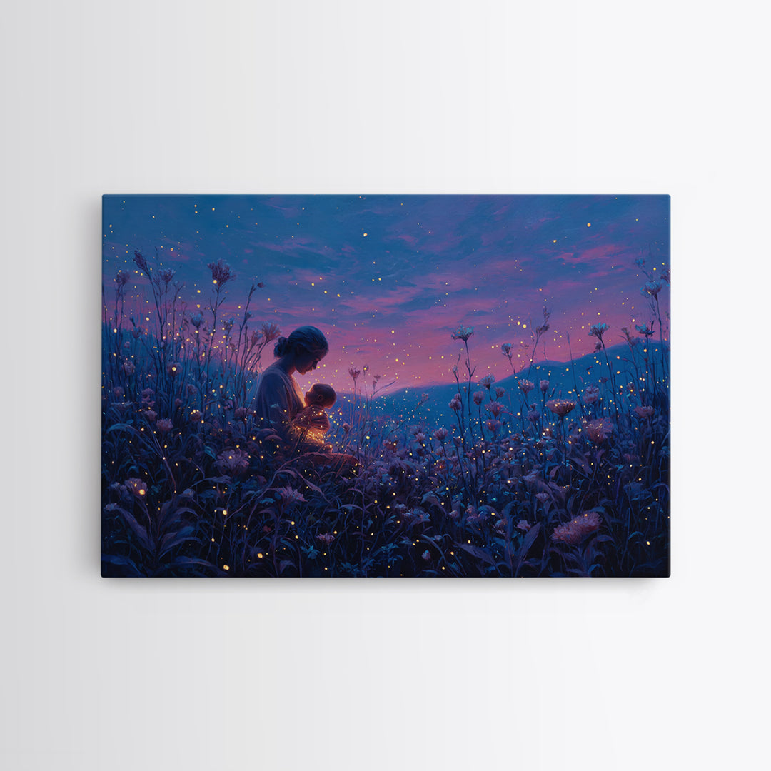 Twilight Mother And Child Firefly Canvas Print, Celestial Nursery Art, Fantasy Wall Decor, Gift For Mom, Bedroom Decor, Magical Art