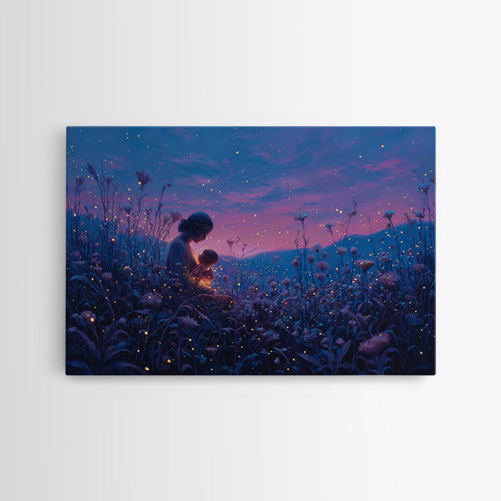 Twilight Mother And Child Firefly Canvas Print, Celestial Nursery Art, Fantasy Wall Decor, Gift For Mom, Bedroom Decor, Magical Art