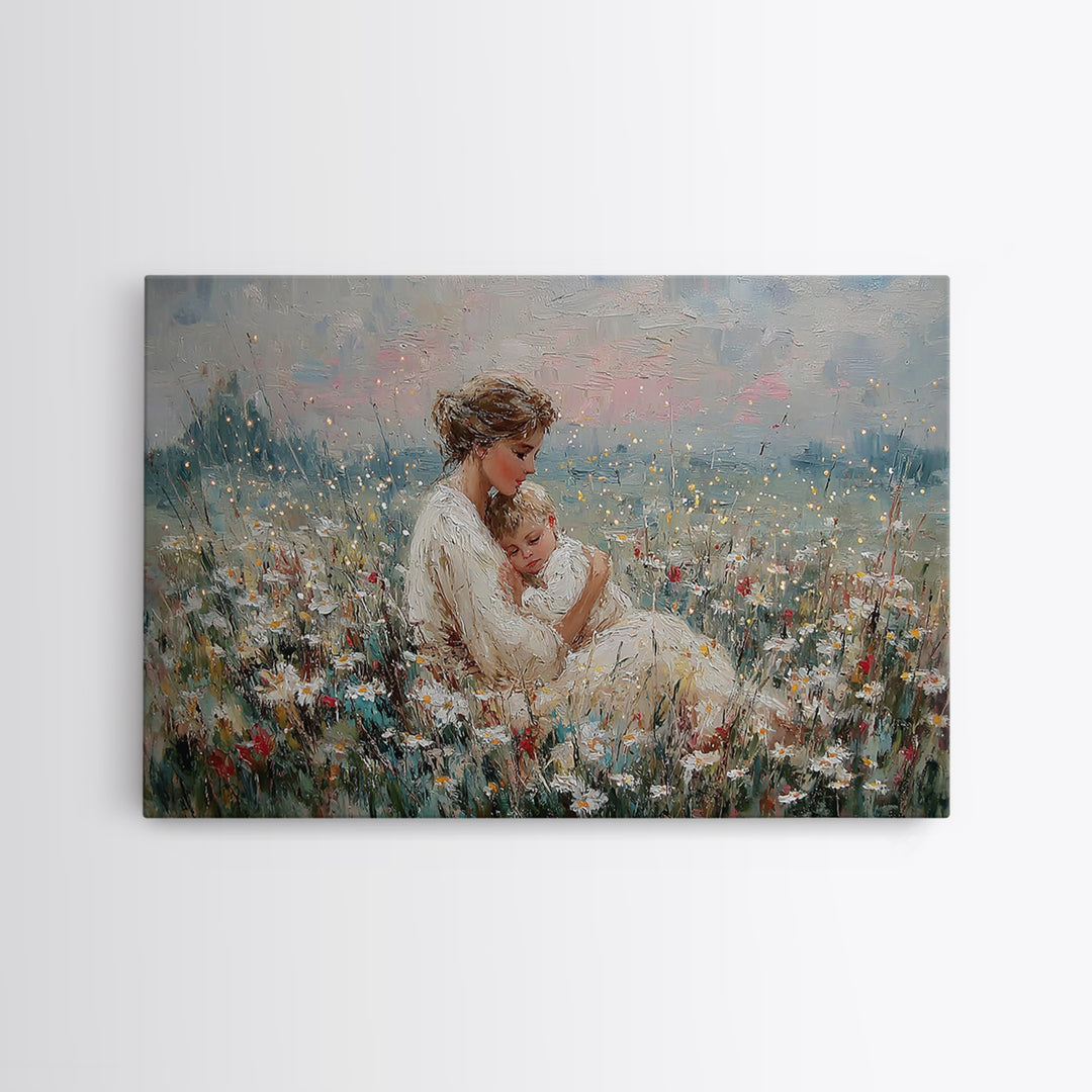 Impressionist Mother And Baby Wildflower Framed Canvas Print, Floral Wall Art, Fine Art Print, Mothers Day Gift, Home Decor