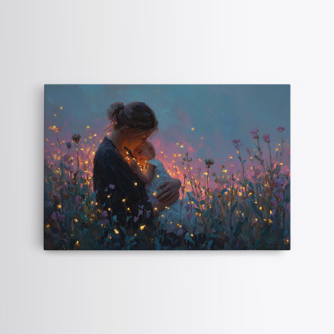 Glowing Mother And Infant Wildflower Canvas Print, Romantic Wall Art, Feminine Nursery Decor, Gift For Her, Cozy Wall Decor