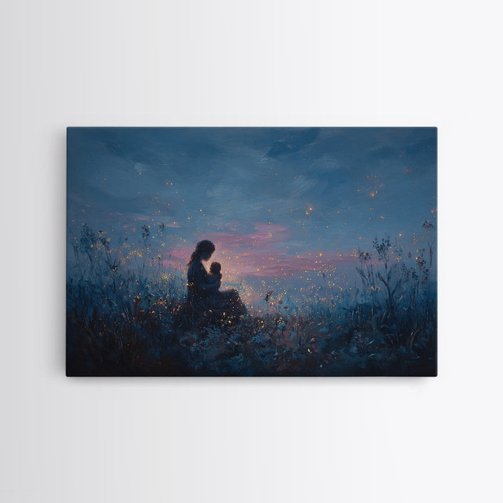Moonlit Mother And Baby Firefly Wall Art, Celestial Canvas Wall Art, Moody Nursery Decor, Fantasy Art, Gift For Her, Bedroom Decor