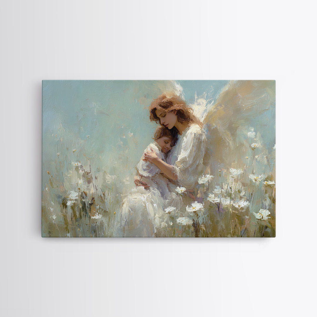 Guardian Angel And Child Daisy Canvas Print, Christian Wall Art, Spiritual Nursery Decor, Feminine Art, Gift For Her, Home Decor