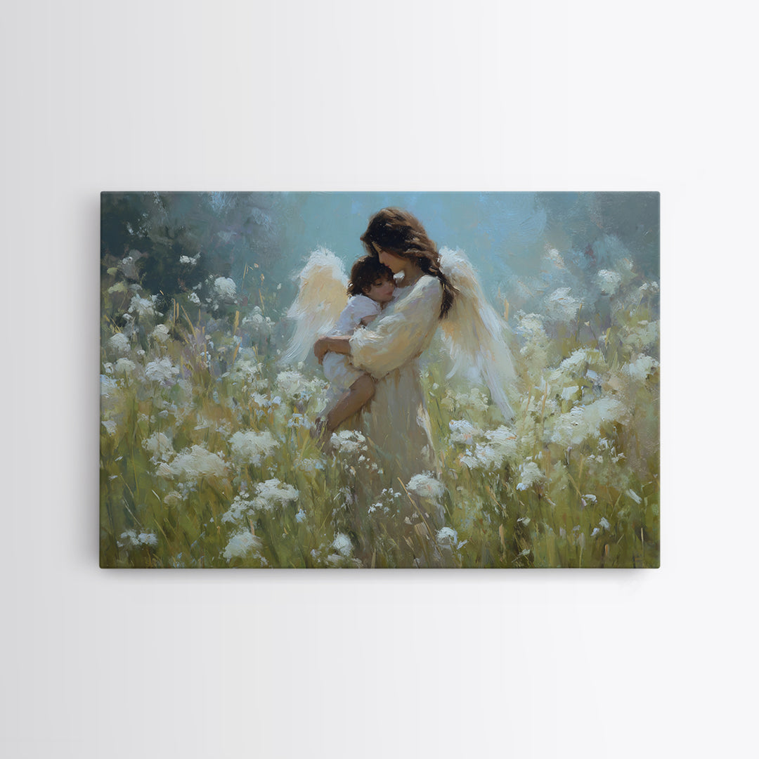 Protective Angel Mother And Baby Wall Art, Christian Nursery Decor, Spiritual Canvas Wall Art, Gift For Mom, Fine Home Decor