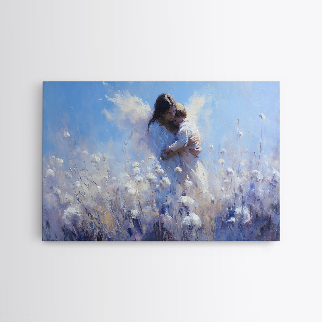 Blue Guardian Angel Mother And Child In Cotton Field Wall Art, Christian Nursery Decor, Motherhood Gift, Fine Art Print, Home Decor