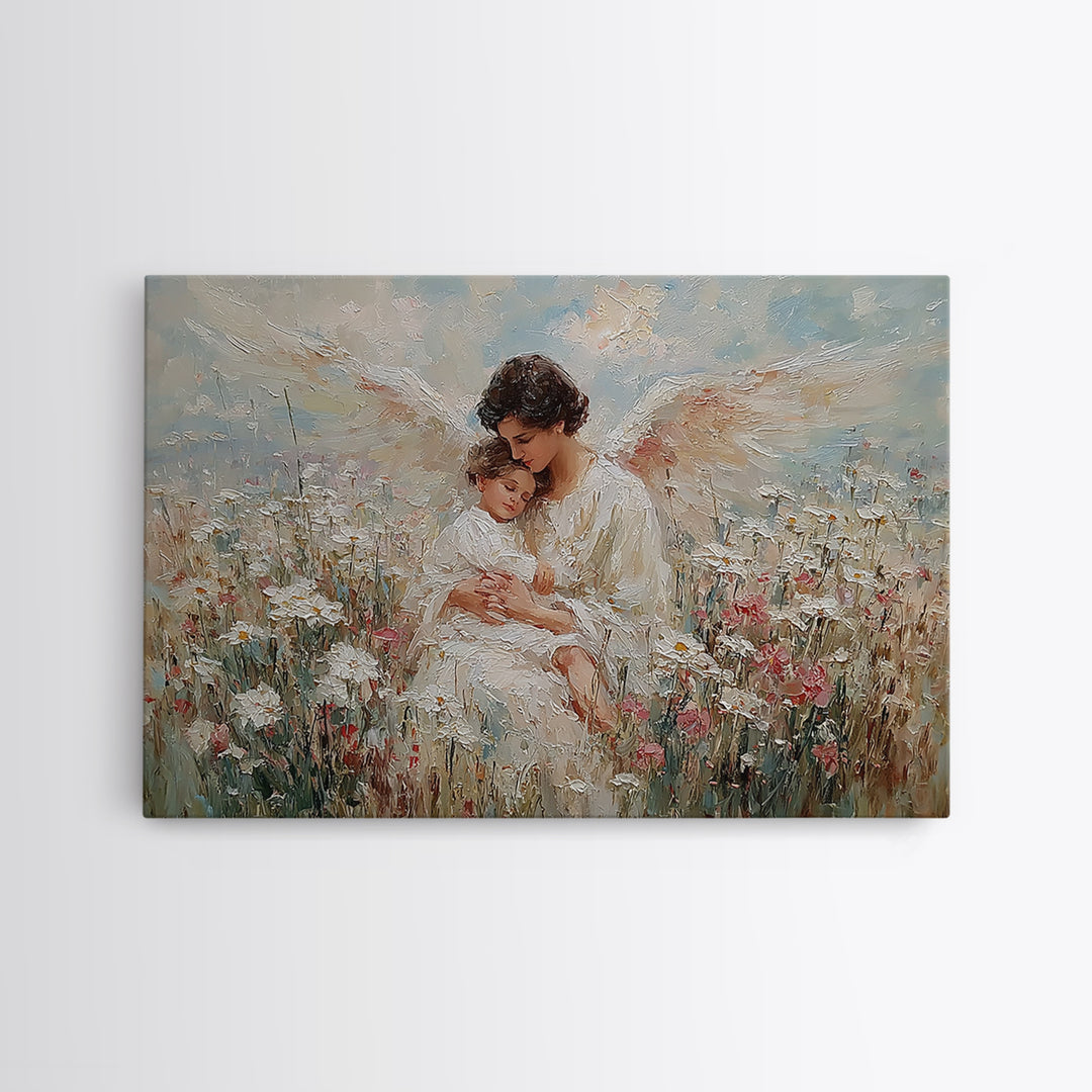Textured Guardian Angel With Sleeping Child In Daisy Meadow Framed Canvas Print, Christian Wall Art, Nursery Decor, Gift