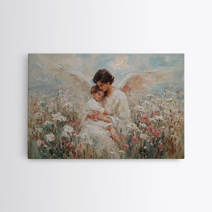 Textured Guardian Angel With Sleeping Child In Daisy Meadow Framed Canvas Print, Christian Wall Art, Nursery Decor, Gift